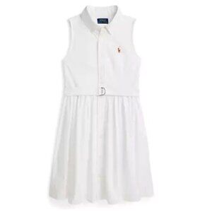 NWT - Polo Ralph Lauren Girls Belted Cotton Oxford Shirtdress, White - Size 5